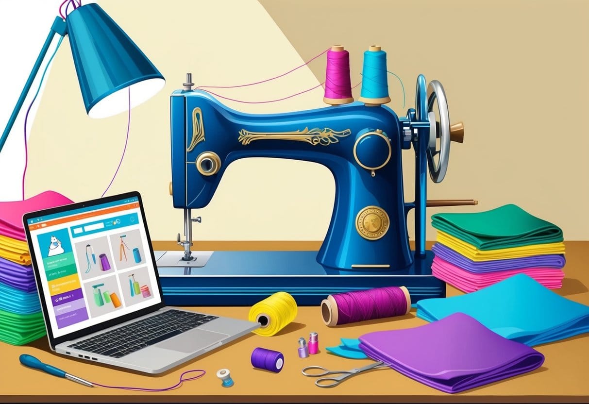 Comment apprendre rapidement la couture ? Guide pratique pour débutants | Image 5 Une machine à coudre entourée de tissus colorés, de fils et de divers outils de couture sur un bureau bien éclairé. Un ordinateur portable affichant des tutoriels de couture en ligne est posé à proximité.