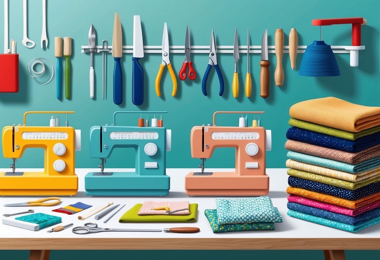Quelle surjeteuse choisir : Guide complet pour faire le bon choix | Image 8 Un éventail coloré de machines à coudre et d'outils sur une table de travail propre et organisée. Des tissus de différentes textures et motifs sont soigneusement empilés à proximité.